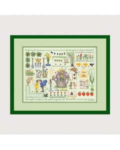 Spring. Picture embroidered in cross stitch, tent stitch on green canvas. Spring. Le Bonheur des Dames 1135