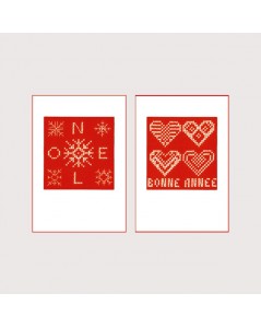Deux cartes de vœux Joyeuses Fêtes à brode sur lin rouge. Cartes passe-partout. Le Bonheur des Dames 7528