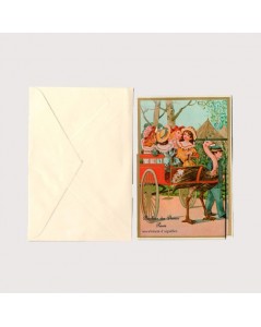 Carte de vœux ancienne trompe l'œil avec un set d'aiguilles et enveloppe. Enfants dans une calèche. AIG10