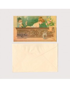 Carte de vœux ancienne trompe l'œil avec un set d'aiguilles et une enveloppe. Une dame et un monsieur. AIG12