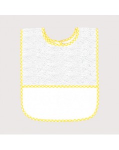 Bavoir en éponge blanc avec bord vichy jaune, avec bande à broder en Aida 5,5 pts/cm. BAV16