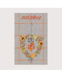 October tea-towel. TL10. Counted cross stitch embroidery on even-weave linen. Autumn flowers. Le Bonheur des Dames