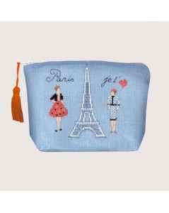 Blue evenweave linen pochette with Eiffel Tower. Paris Je T'aime. 9024