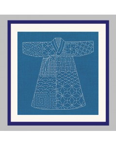 Kimono japonais sur fond bleu à broder de façon Sashiko. Kit imprimé. Le Bonheur des Dames 3804