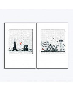 Deux cartes à broder au point de croix, motif Tour Eiffel et Pyramide de Louvre. Le Bonheur des Dames. Référence 7533