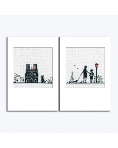 Deux cartes de vœux à broder au point de croix. Motif: Notre Dame de Paris, la Tour Eiffel, couple de parisiens avec le chien.