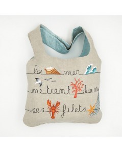Kit broderie sac en lin avec motif marin, homard, étoile de mer, mouette, vague. Le Bonheur des Dames 2914_M. Sac monté.