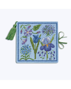 Cross stitch kit on blue linen. Needle case with blue, mauve flowers. Le Bonheur des Dames 3483