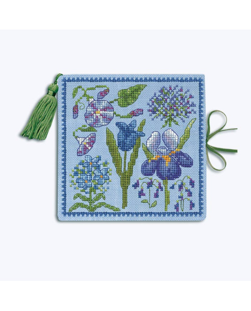 Cross stitch kit on blue linen. Needle case with blue, mauve flowers. Le Bonheur des Dames 3483