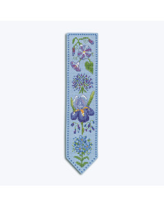 Embroidered bookmark on blue linen. Blue, mauve flowers. Cross stitch kit by Le Bonheur des Dames 4597