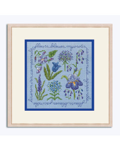 Blue, mauve flowers. Miniature picture embroidered in counted stitch on sky blue linen. Le Bonheur des Dames 2287
