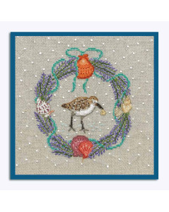 Embroidered picture. July wreath. Sandpiper, seashells, lavender, turquoise ribbons. Le Bonheur des Dames 2694.
