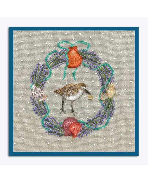 Embroidered picture. July wreath. Sandpiper, seashells, lavender, turquoise ribbons. Le Bonheur des Dames 2694.
