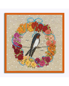 Embroidered picture. August wreath. Swallow, gillyflowers, blue ribbons. Le Bonheur des Dames 2695.