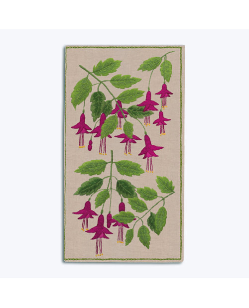 Fuchsias. Spectacle case embroidered with traditional embroidery stitches on natural linen. Le Bonheur des Dames 3011