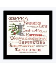 Embroidery kit. Pattern of a coffee pot and red inscriptions on the theme of coffee. Thea Gouverneur G3011