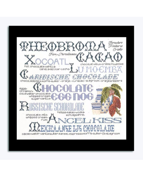 Embroidery kit. Pitcher in blue and white, cocoa tree and mauve inscriptions on the theme of cocoa. Thea Gouverneur G3013