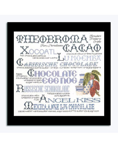 Embroidery kit. Pitcher in blue and white, cocoa tree and mauve inscriptions on the theme of cocoa. Thea Gouverneur G3013