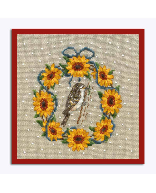 Embroidered picture. September wreath. Treecreeper, sunflowers, blue ribbons. Le Bonheur des Dames 2696.