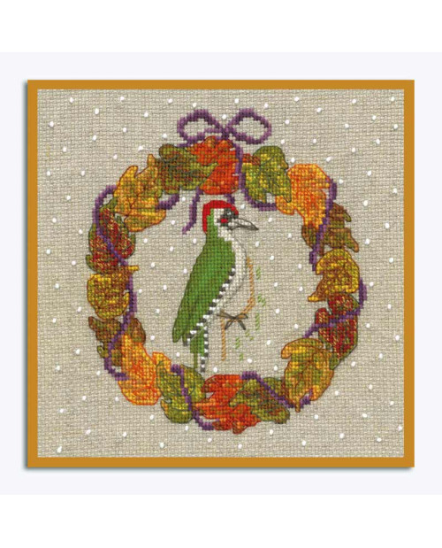 Embroidered picture. October wreath. Green woodpecker, autumn leafs, purple ribbons. Le Bonheur des Dames 2697.