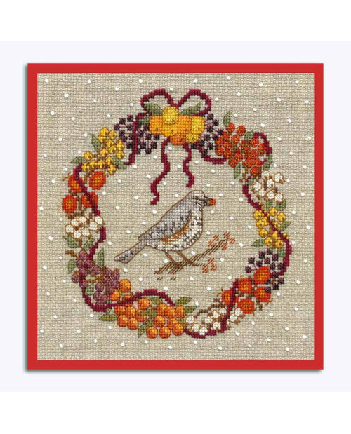 Embroidered picture. November wreath. Redwing, autumn berries, burgundy ribbons. Le Bonheur des Dames 2698.